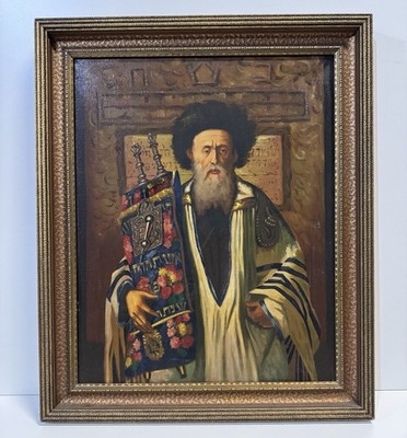 Vintage Rabbi And Torah Painting On Canvas Framed