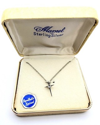 New Vintage Marvel Marnel 925 Sterling Silver Cross Necklace w/ Synthetic Spinel