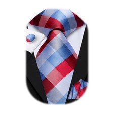 Mens Plaid Ties Classic Paisley Necktie with Handkerchief Cufflinks Red Blue