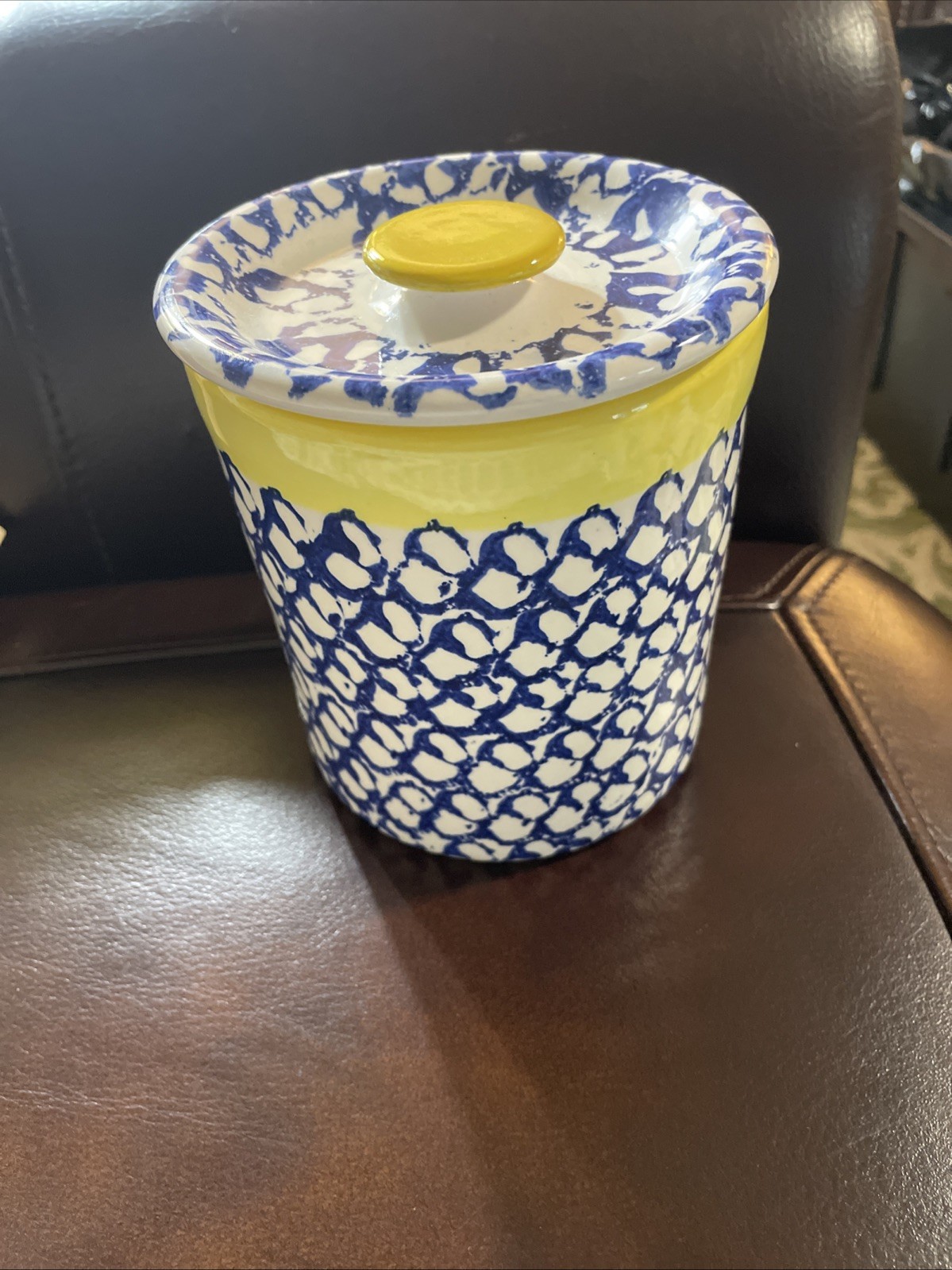 White/Blue/Yellow Crock with Matching Lid Vintage Ceramic