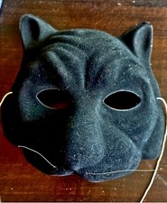 Vintage Black Suede Cat Face Mask Halloween Party Decor, Costume Accessory