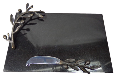 Michael Aram Bronze Olive Branch Black Granite Cheese Board 12'' X 8'' w/Knife