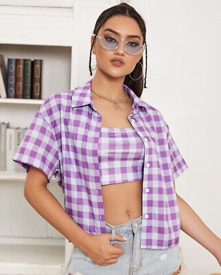 NWOT SHEIN Purple Gingham Short Sleeve Shirt with Bandeau, Women’s Size XS 