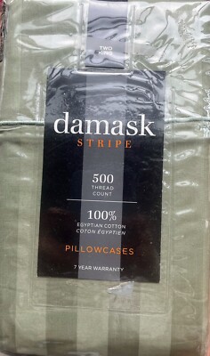 Damask Stripe 500 Thread Count 100% Egyptian Cotton Two King Pillowcases-Sage