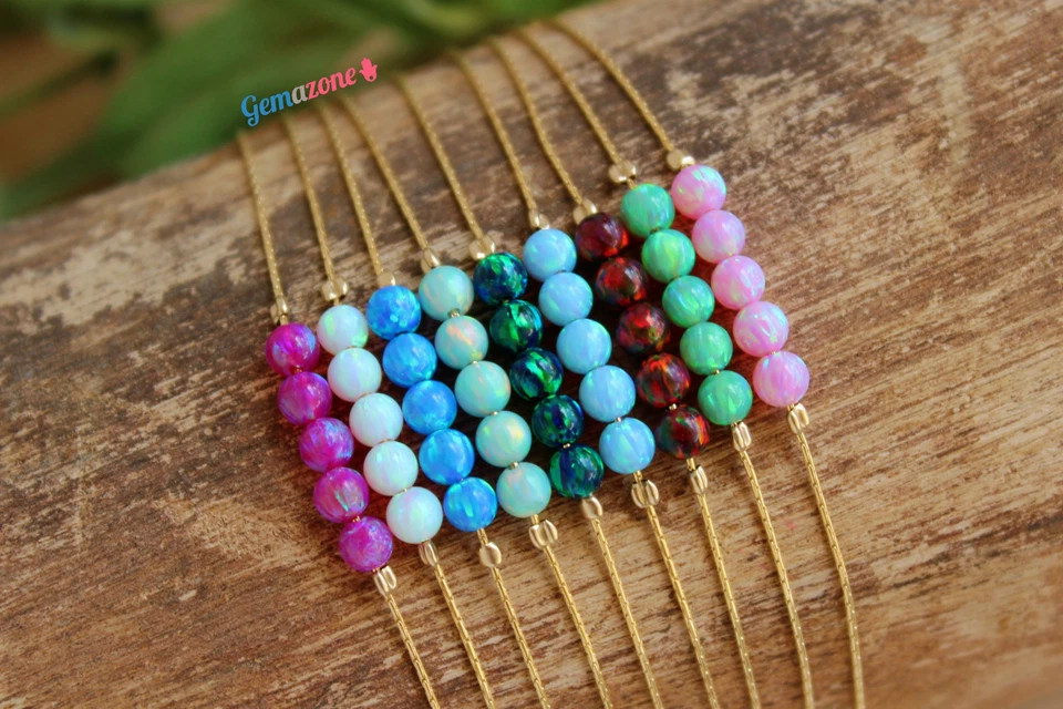 Pulsera de cuentas de ópalo multicolor llena de oro simple delicada bola brazalete 7 pulgadas Foto 3 de 4