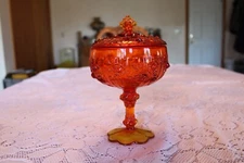 Amberina Raised Rose Fenton Glass Covered Pedestal Compote Candy Dish Bowl