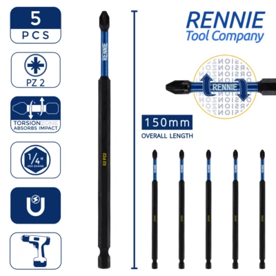 RENNIE TOOL COMAPNY 5 x PZ2 150mm Long Magnetic Impact Duty Screwdriver Drill Driver Bits Pozi NO.2