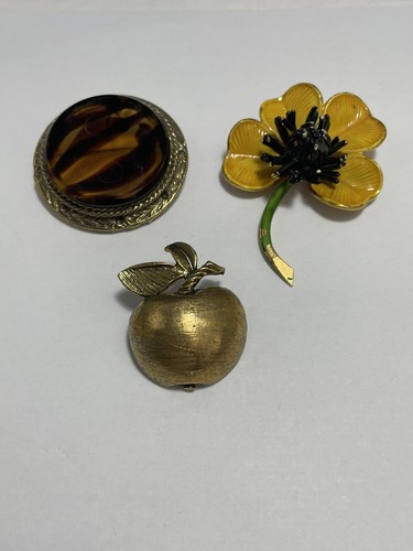 Original By Robert 3 Brooches Enamel Yellow Flower , Apple And Around Brooch