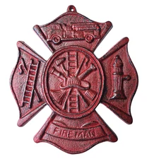Cast Iron Red Fireman Maltese Cross Wall Plaque – Firefighter Decor Sign 9”