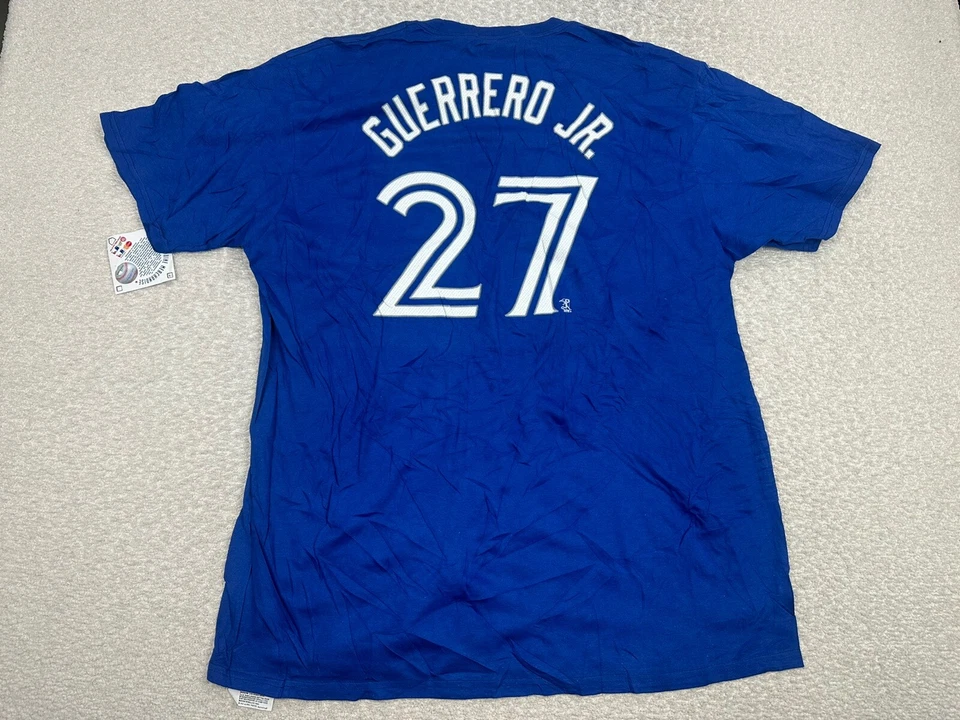 Camiseta masculina Majestic Toronto Blue Jays tamanho XL azul logotipo da liga principal de beisebol Guerrero Jr #27 - Imagem 2 de 4