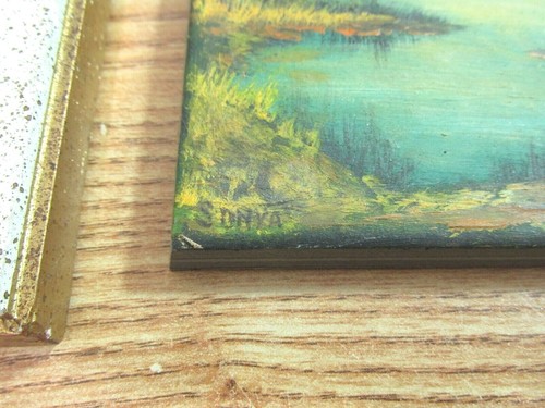 OLD PAINTING "SONYA" MINIATURE WOODED COVE WATER CLOUDS TREES - Picture 2 of 6