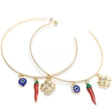 14K GOLD PLATED HOOP EARRINGS 2X70 MM WITH EVIL EYE PEPPER  CLOVER DANGLES M688