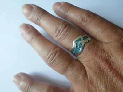 bague en argent massif, pierre marbrée turquoise, t. 58 - Photo 1/4