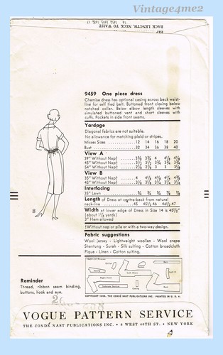 1950s Vintage Vogue Sewing Pattern 9549 Uncut Misses Slender Dress Size 40 Bust - Picture 4 of 5