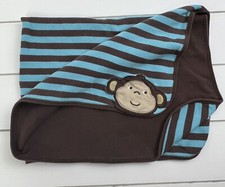 CARTER'S Monkey Baby Blanket Lovey Brown Teal Blue Stripe Cotton