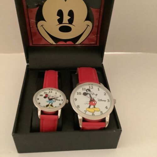 NIB Disney His and Hers Watch Set Classic Mickey & Minnie Red Bands Accutime