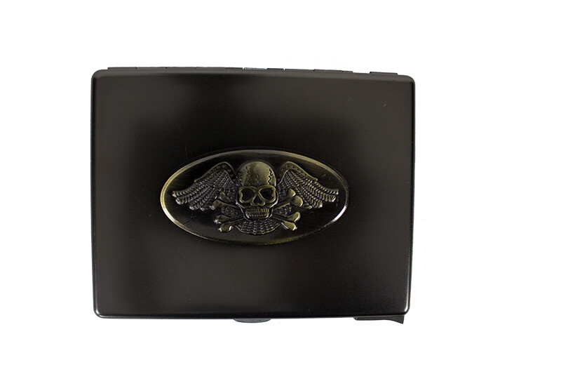 cigarette case skull Vintage Memento Mori Hinged case design with adjoined silver skull and bones Silver Skull and Crossbones Metal