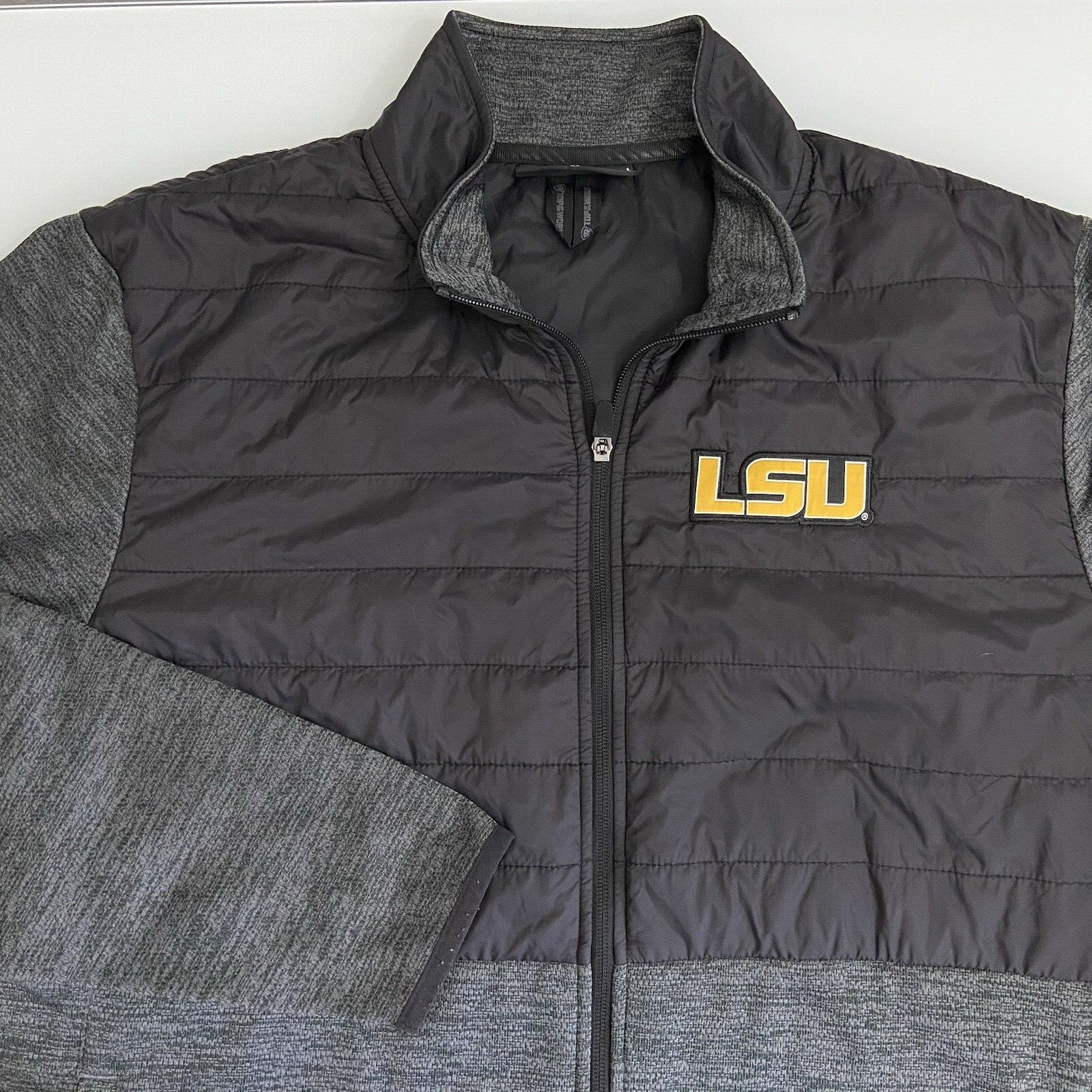 LSU Men's Mixed Media Jacket Quilted Chest /Back Full Zip Gray/Black Size XL