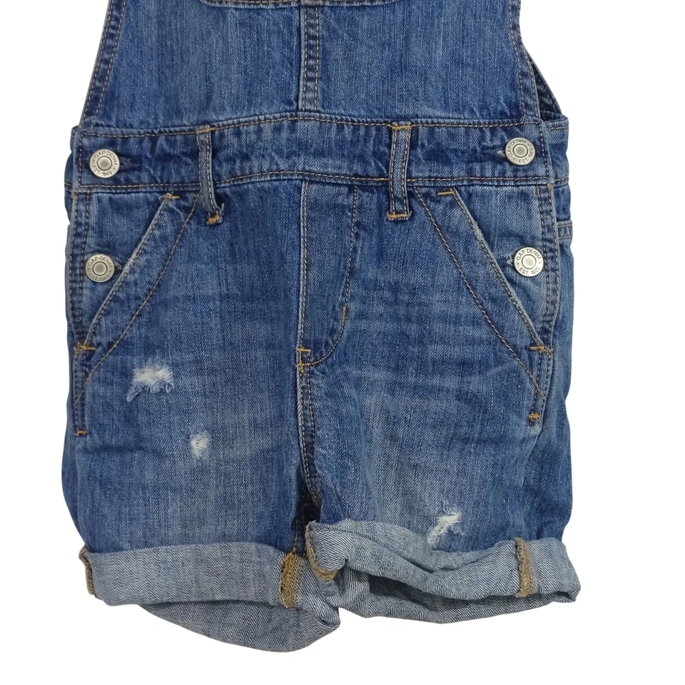 GAP Kids Distressed Denim Bib Overall Shortall Shorts Girls Size S Rolled Cuffs  - Image 2 of 4