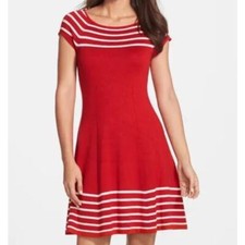 Eliza J Women's Red White Striped Midi Dress Cap Sleeve Size S