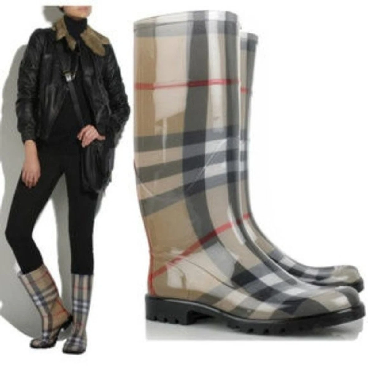 black and white checkered rain boots