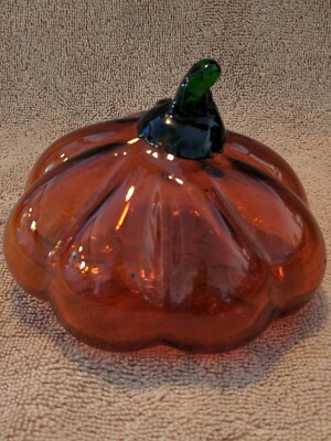 Hand-blown Crackled Glass Pumpkin, Amber color with Green stem, 6 inches round