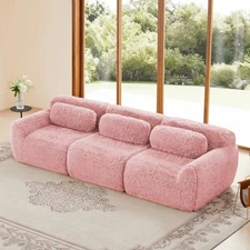Modular Sectional Sofa w/ Ottoman & Pillows, Plush Pink Fabric
