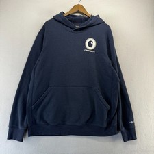 Carhartt Force Hoodie mens XL Blue Navy Relaxed Sweatshirt Pullover Graphic Logo