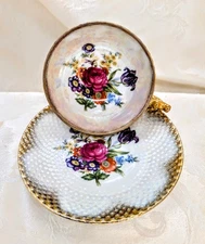 Vintage Textured Footed Teacup & Saucer Floral Rose Luster Heavy Gold Footed WOW
