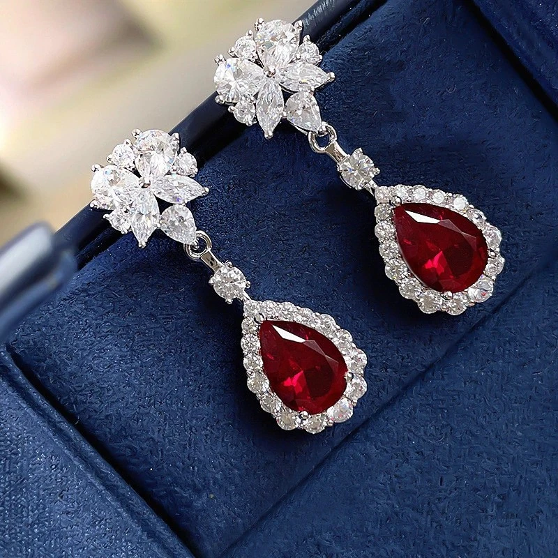Lab Created Ruby & Diamond 14K White Gold Over Dangle Earrings for Women Gift - Image 4 of 4