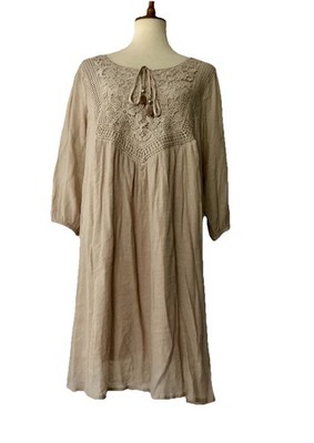Indigo Rose Dress 1X Beige Smocked Lace Front Ties Shift  Lined Peasant Sleeve