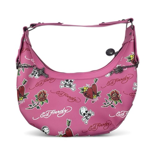 Ed Hardy Crescent Hobo Bag - Pink Skull Heart Rose Print - Picture 2 of 2