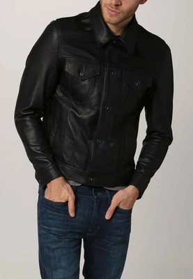Men's Black Leather Trucker Jacket Pure Lambskin Western Style Denim Jacket