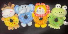 Lot Of 4 Tumama Baby Teether Plush Rattles Toys Deer Elephant Frog and Lion