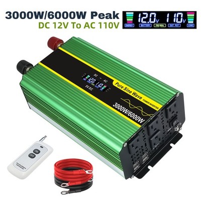 3000W 6000W Pure Sine Wave Power Inverter 12V to 110V W/ 4AC 4USB Remote Control