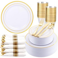 350Piece Gold Dinnerware Set for 50 Guests - Gold Plastic Plates with Disposable