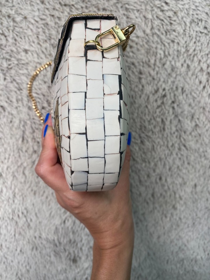 NEW Ramla handmade Moraccon mosiac gold/white purse w/detachable