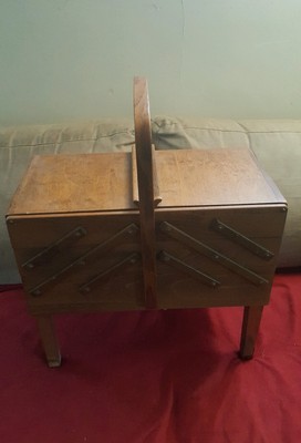 Vintage Strommen Bruk Hamar Norway Accordian Wood Sewing Basket Storage Chest