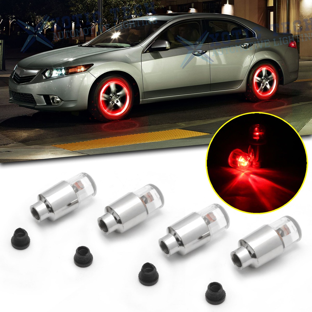 Sporty Red LED Wheel Tyre Tire Air Valve Stem Cap Lights For Acura