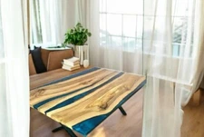 Blue Epoxy Resin Table Top Dining Wooden Center Furniture For Housewarming Decor
