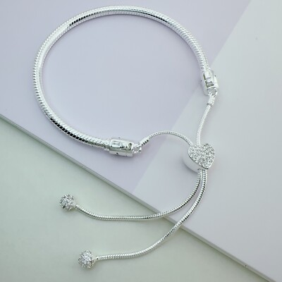 New Authentic Pandora silver women Bracelet Moments Pave Heart Adjustable Slider
