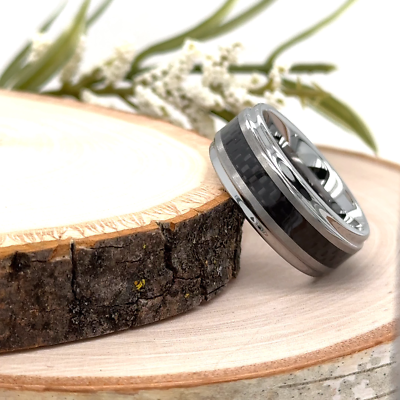 Unisex 9mm Silver Tungsten Ring Black Carbon Fiber Inlay Polished Edges Band - Main Image
