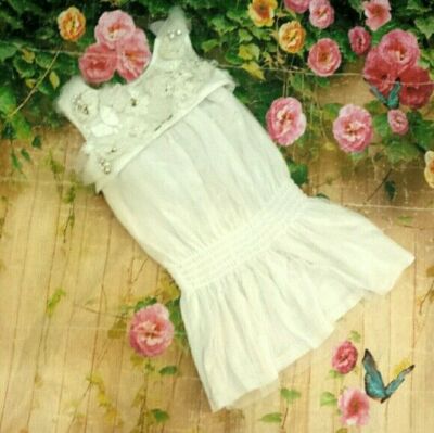 Microbe summer dress, size 3, white, removable rhinestone studded bib