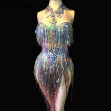 2020 New Colorful Fringe Rhinestone Bodysuit Women Stage Dance Suit Top Hot
