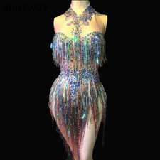 2020 New Colorful Fringe Rhinestone Bodysuit Women Stage Dance Suit Top Hot