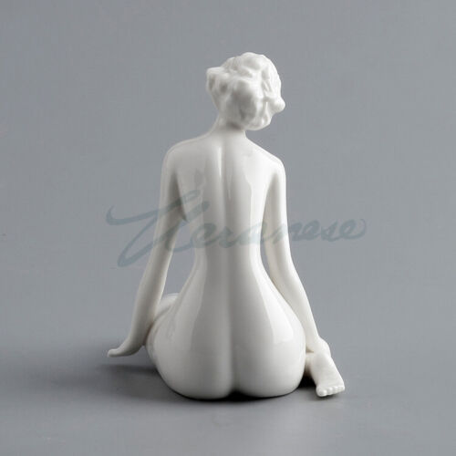 ModernArt Sculpture Handmade White Ceramics Naked Woman Kneeling Position Statue 