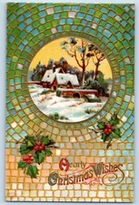 Christmas Postcard Holly Berries Winter Scene Embossed Seattle WA 1912 Antique