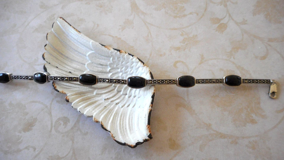 Precioso brazalete de plata de ley de marcasita y eslabones de ónix negro de 7,5" RE33TRE Foto 2 de 4
