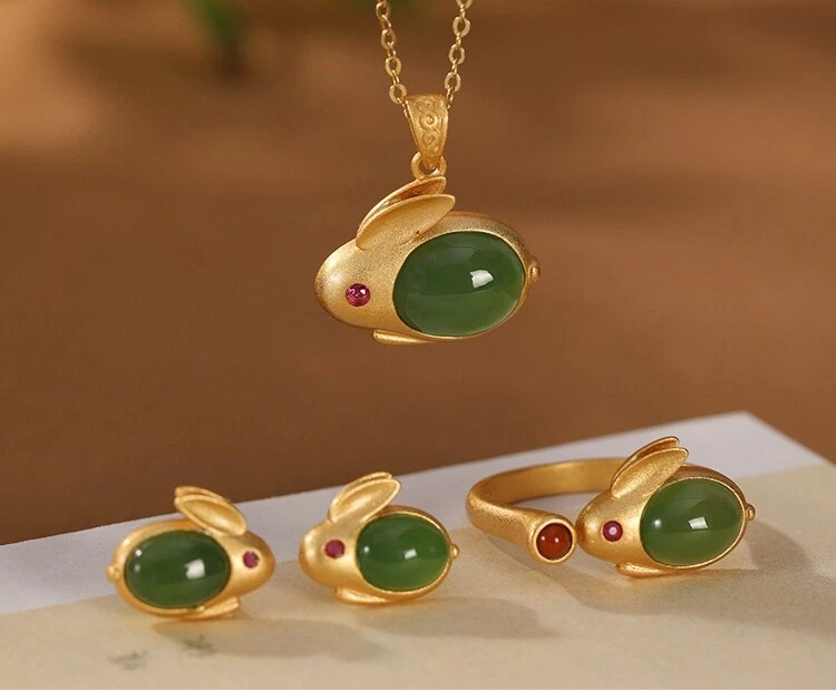 I02 Gancio Coniglio Con Giada Verde Argento Sterling 925 Placcato Oro - Immagine 4 di 4