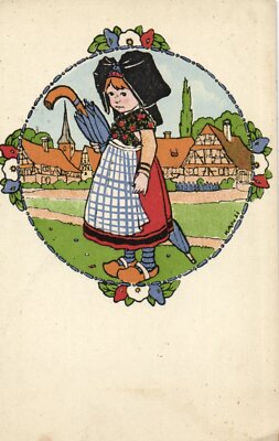 PC HANSI, ARTIST SIGNED, LITTLE GIRL WITH BIG UMBRELLA (b8080)